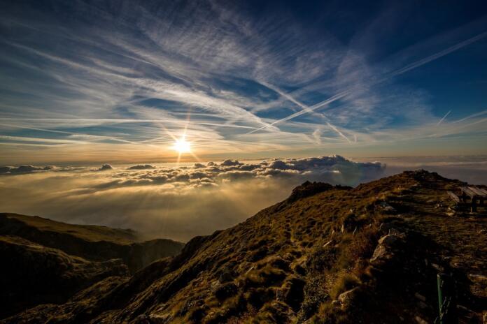 mountains, sun, clouds