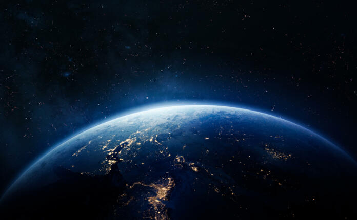 Nightly Earth in the outer space. Abstract wallpaper. City lights on planet. Civilization. Elements of this image furnished by NASA (url: https://eoimages.gsfc.nasa.gov/images/imagerecords/79000/79765/dnb_land_ocean_ice.2012.3600x1800.jpg)