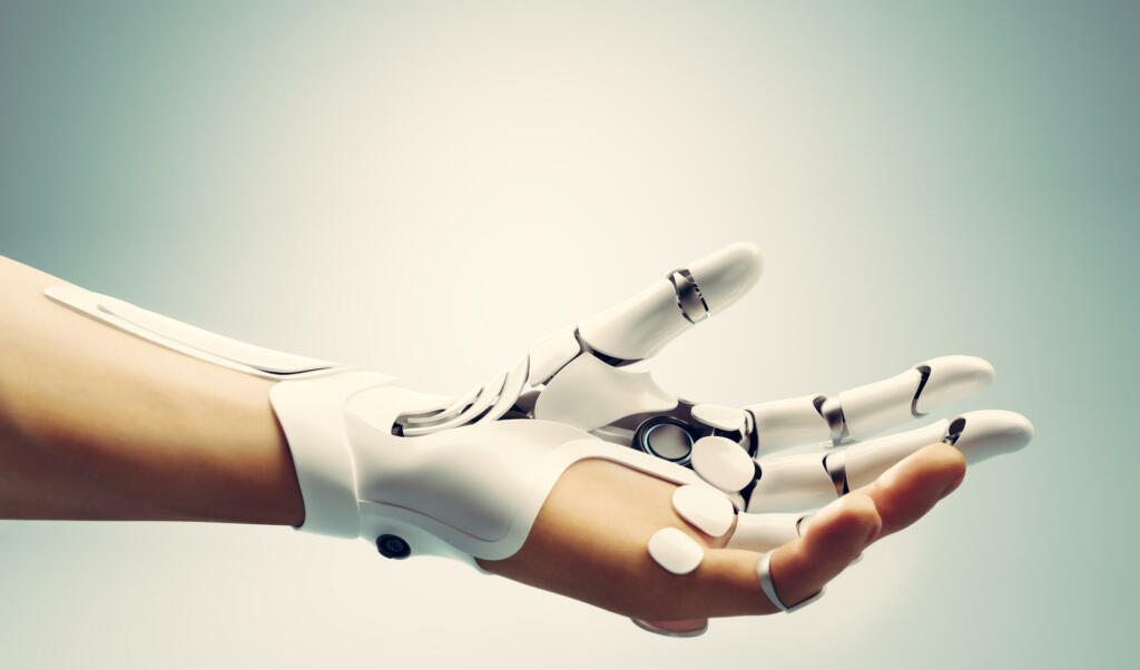 Robotic bionic hand connected with human hand. Modern technology, prosthesis medicine. 3D illustration