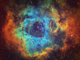 The Rosette Nebula (NGC 2237, Caldwell 49) is the large hydrogen, sulfur and oxygen gas cloud in the constellation of Monoceros. The open star cluster NGC 2244 (Caldwell 50) consists of stars being formed from the nebula. The nebula is 5,200 light years away from Earth. Amateur image, total exposure time: 15h45m, HST palette image.