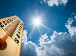 Thermometer Sun 40 Degres. Hot summer day. High Summer temperatures