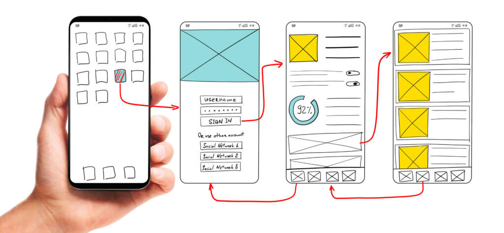 UI development. Male hand holding smartphone with wireframed user interface screen prototypes of a mobile application on white background.