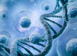 DNA preseneča znanstvenike! Razkrili novo in zapleteno strukturo 3d rendering of Human cell or Embryonic stem cell microscope background.