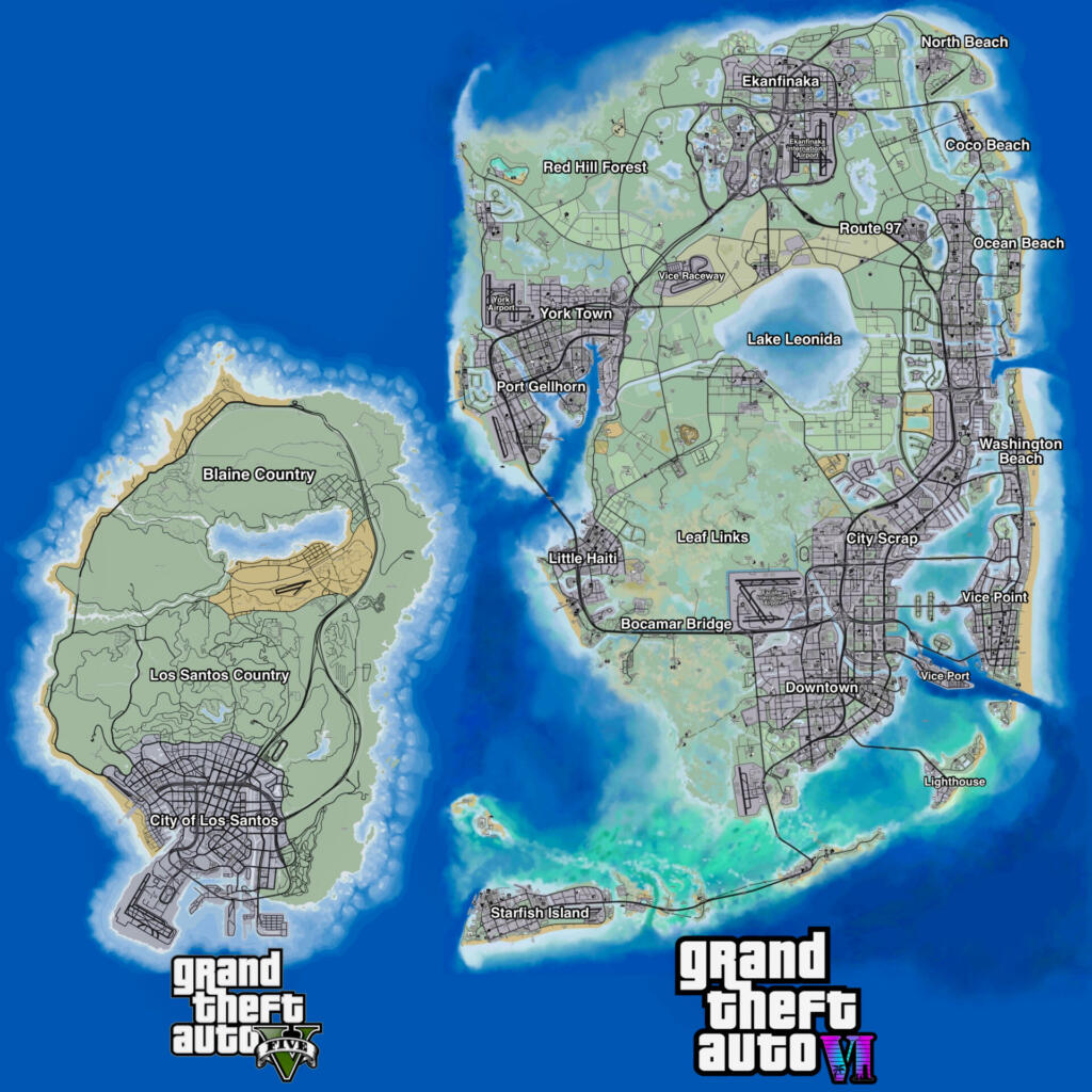 Razlika v zemljevidu igre GTA V in GTA VI