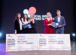 Socialno podjetništvo kot navdih za mlade podjetnike v Sloveniji Prejemniki nagrade, štiri punce in en fant z nagradami v roki