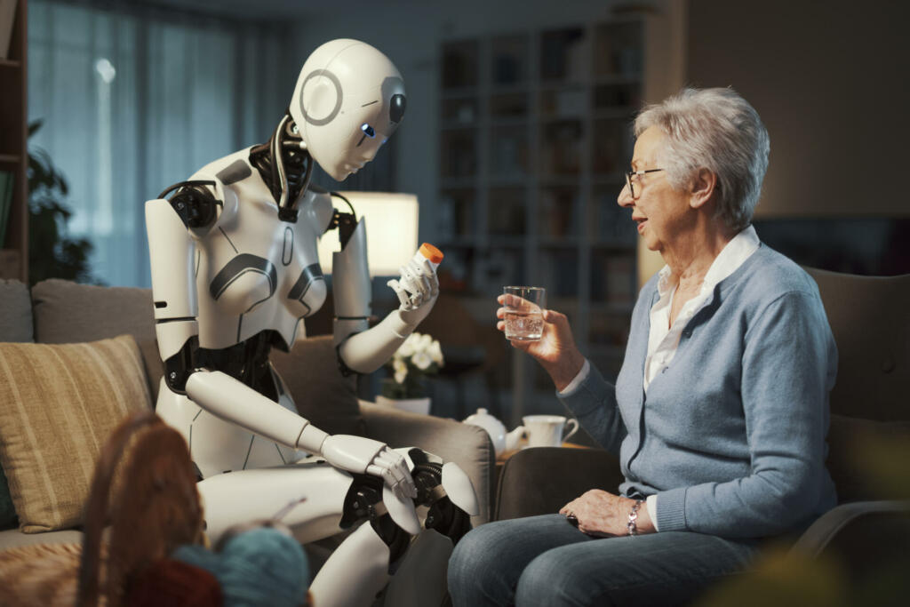An elderly woman's robot, helps her by reminding her to take her medication