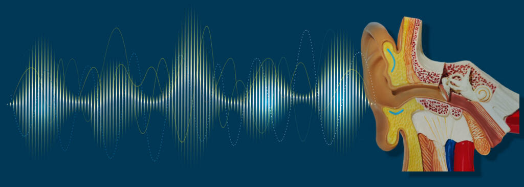 Anatomical model of human ear with luminous sound wave on blue background showing variety of sounds going to ear and sound quality. Auditory health