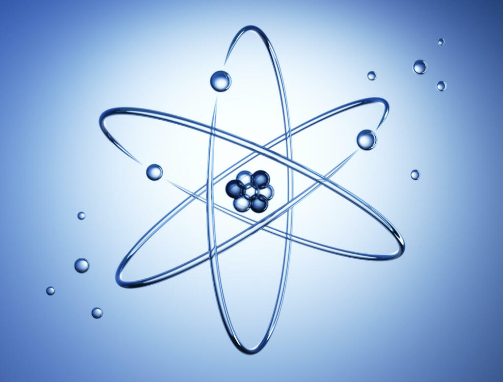 Atom nucleus with electrons on blue background - 3D illustration