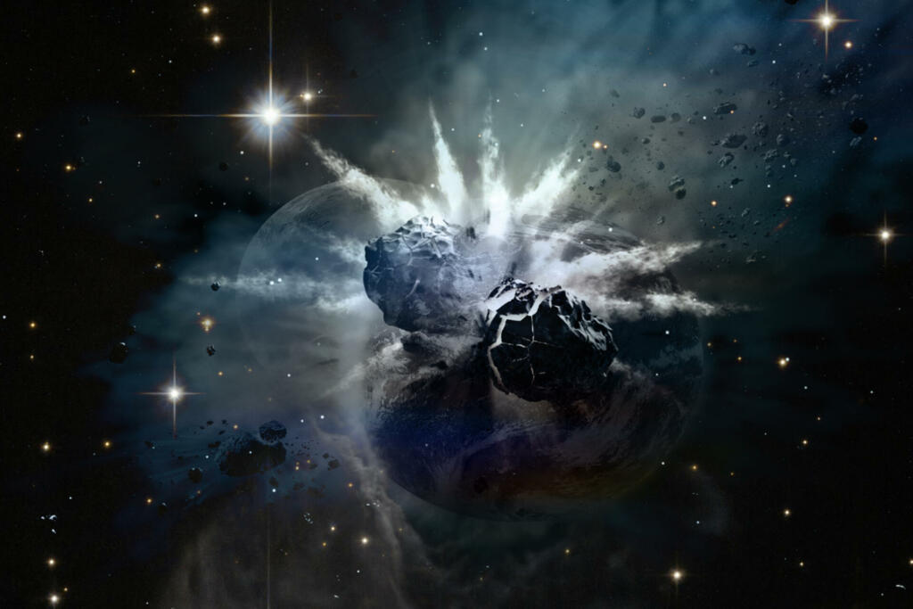 Collision of planets in space. Elements of this image furnished by NASA./urls: https://www.nasa.gov/feature/jpl/giant-exoplanet-hunters-look-for-debris-disks (https://www.nasa.gov/sites/default/files/thumbnails/image/pia22082.png) https://www.nasa.gov/feature/when-exoplanets-collide (https://www.nasa.gov/sites/default/files/thumbnails/image/bd20307_fnl_lynettecook.jpg) https://www.nasa.gov/multimedia/imagegallery/image_feature_1741.html (https://www.nasa.gov/sites/default/files/images/476052main_irasghost_hst_big_full.jpg)