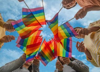 Luka Mesec ob Paradi ponosa: »Vprašanje, zakaj potrebujemo Parado ponosa, je odveč.« Diversity people hands raising colorful lgbtq rainbow flags together , a symbol for the LGBT community
,selective focus.concept LGBTQ community equal movement parade ,LGBTQ pride month.