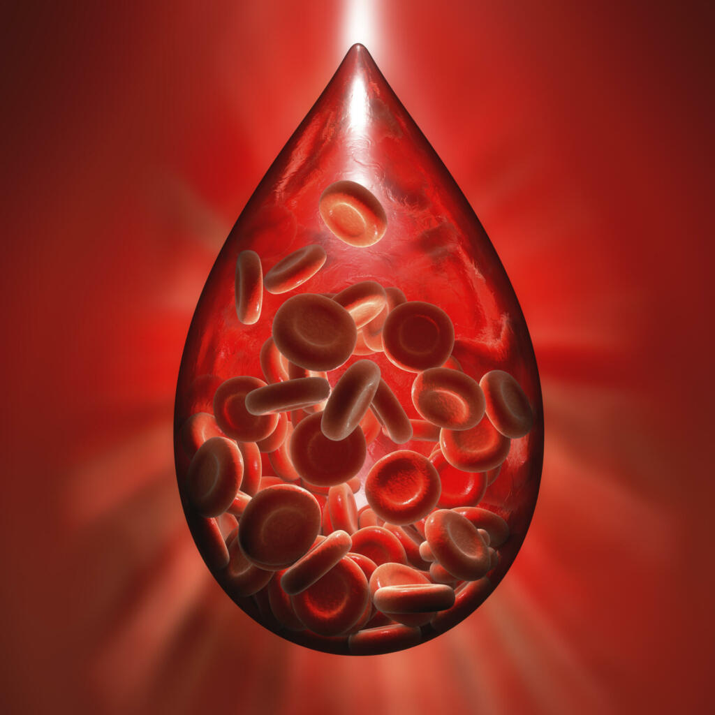Hemofilia medical concept. Blood donation concept. Blood drop made of erythrocytes, 3D illustration