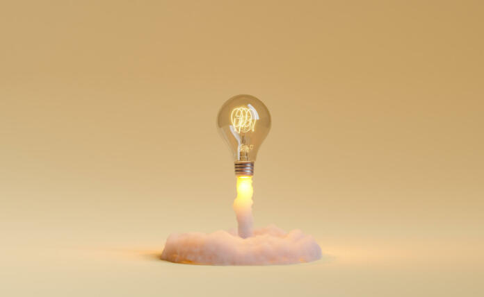 light bulb taking off and releasing smoke. concept of idea explosion, learning, education and startup. 3d rendering