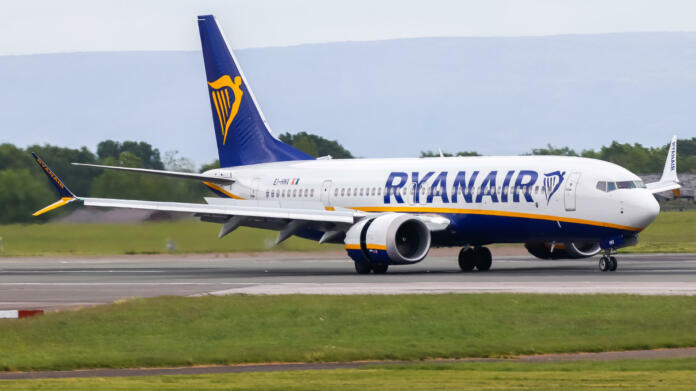 Manchester Airport, United Kingdom - 20 May, 2022: Ryanair Boeing 737 MAX (EI-HMX) arriving from Copenhagen, Denmark.