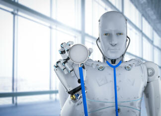 Pomembnost umetne inteligence v zdravstvu Medical technology concept with 3d rendering robot hand or cyborg hand hold stethoscope