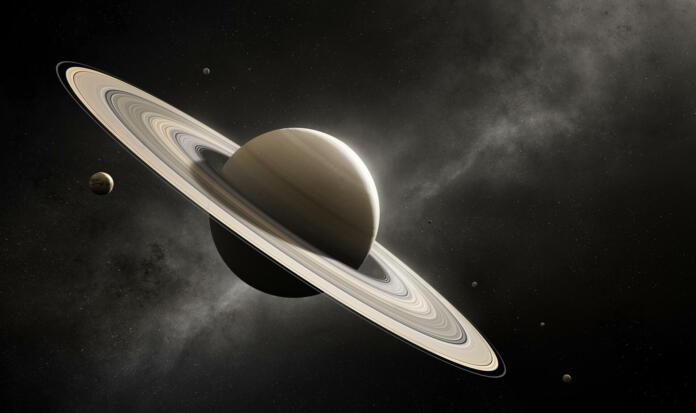 Planet Saturn in deep space with major moons according to scale (Elements of planet texture for 3d render furnished by NASA)