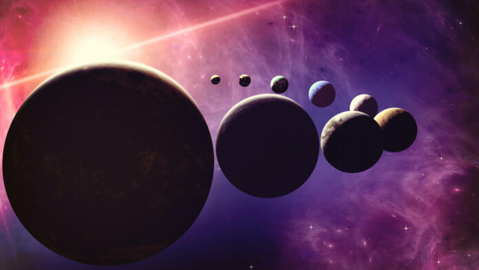 Planets and exoplanets of unexplored galaxies. Sci-Fi. New worlds to discover. Colonization and exploration of nebulae and galaxies. Planet and rings. 3d rendering