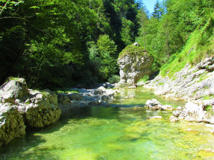 Rock formation Votli Kamen in Iski Vintgar and Iska river near Ig, Slovenia