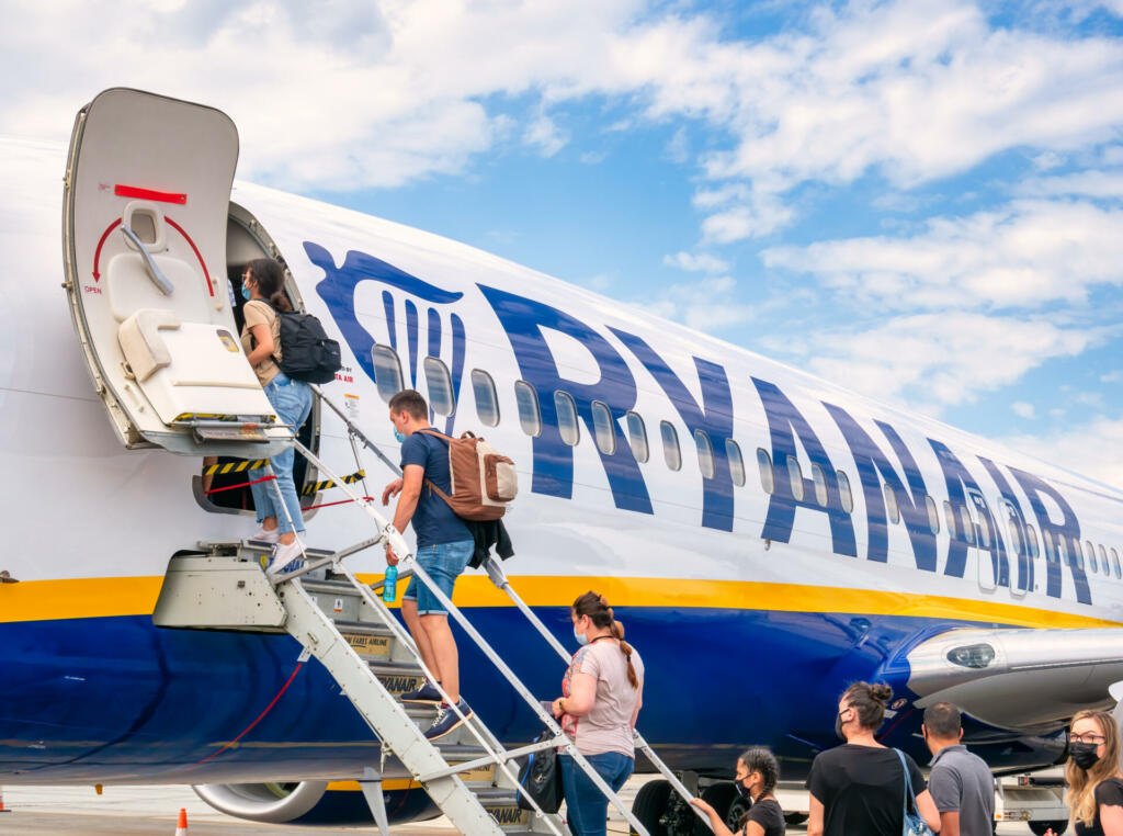 Timisoara, Romania - 06.20.2021: Passengers boarding on a Ryanair plane at Timioara Traian Vuia International Airport