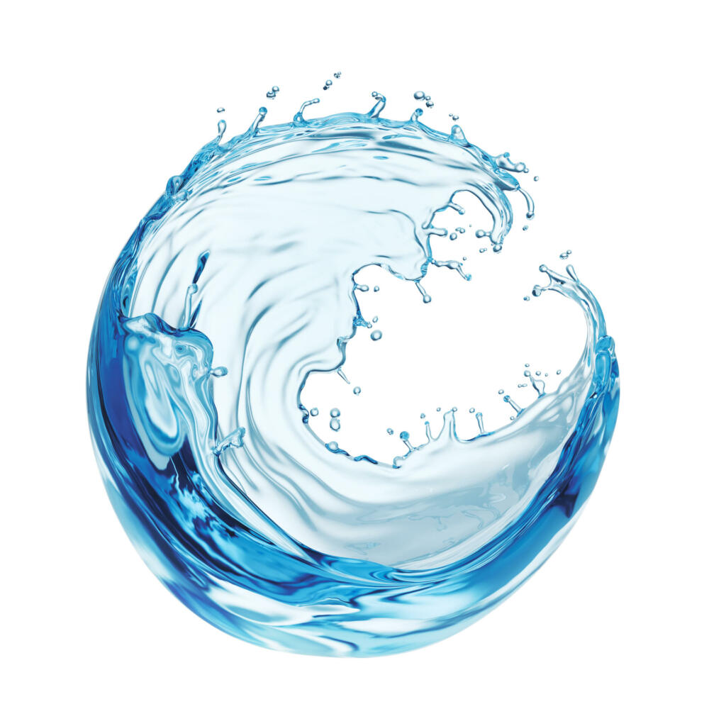 water liquid splash in sphere shape isolated on white background, 3d illustration.