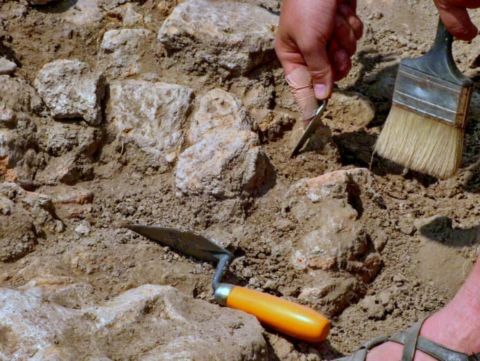 Archeological tools, Archeologist working on site, hand and tool.