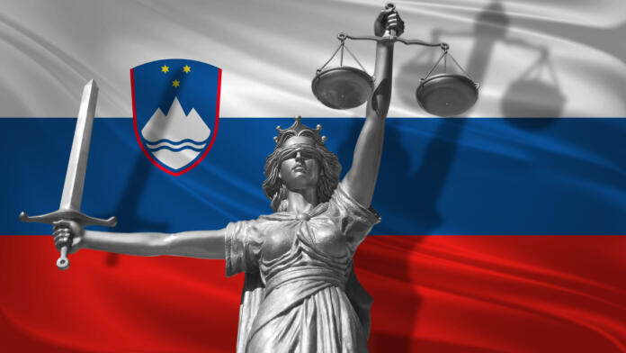 Cover about Law. Statue of god of justice Themis with Flag of Slovenia background. Original Statue of Justice. Femida, with scale, symbol of justice with waving Slovenia flag, 3d rendering.