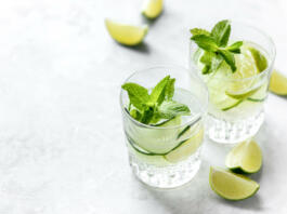 Cucumber and lime refreshing gin cocKtail, light alcohol drink concept, copy space for a text