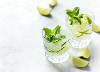 Teh 6 receptov za gin tonik bo navdušilo vse in vsakogar Cucumber and lime refreshing gin cocKtail, light alcohol drink concept, copy space for a text