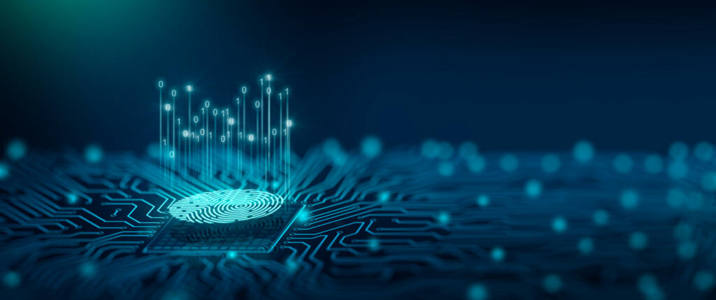 Future security technology. Fingerprint scan provides security access in DOF. Fingerprint Security Concept. 3D Render.