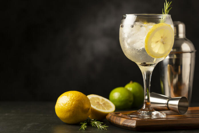 Gin Tonic garnished with lemon and rosemary.