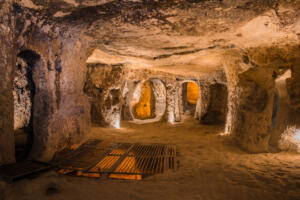 Goreme, Turkey - April 12, 2017: Explore Kaymakli ancient multi-level underground cave city in Cappadocia, Travel to Turkey.