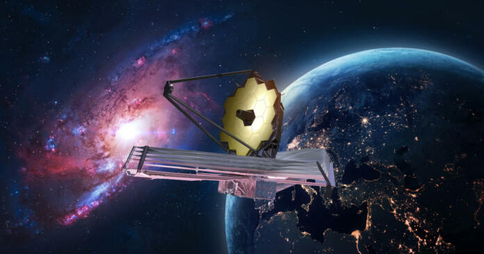 JWST in outer space. James Webb telescope far galaxy explore. Sci-fi space collage. Astronomy science. Elemets of this image furnished by NASA (url: https://eoimages.gsfc.nasa.gov/images/imagerecords/79000/79765/dnb_land_ocean_ice.2012.3600x1800.jpg https://www.nasa.gov/sites/default/files/styles/full_width_feature/public/thumbnails/image/755409main_webb.jpg)