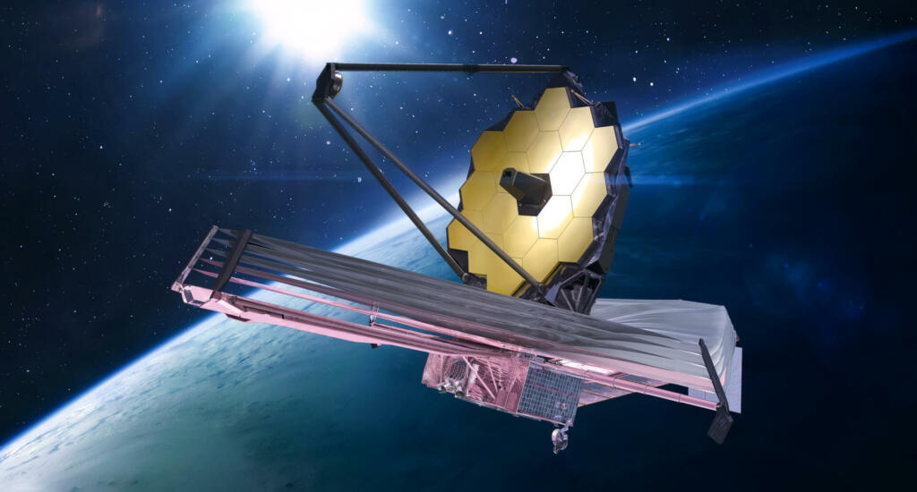 JWST in space near Earth. James Webb telescope far galaxies and planets explore. Sci-fi space collage. Astronomy science. Elements of this image furnished by NASA (url: https://www.nasa.gov/sites/default/files/styles/full_width_feature/public/thumbnails/image/iss066e123388.jpg https://www.nasa.gov/sites/default/files/styles/full_width_feature/public/thumbnails/image/755409main_webb.jpg)