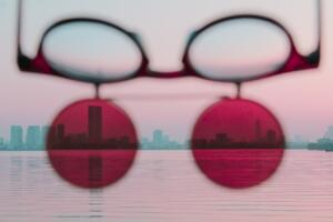 sunglasses, lake, sunset