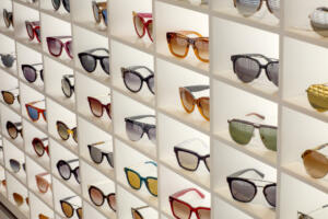Various sunglasses in the shop display shelves