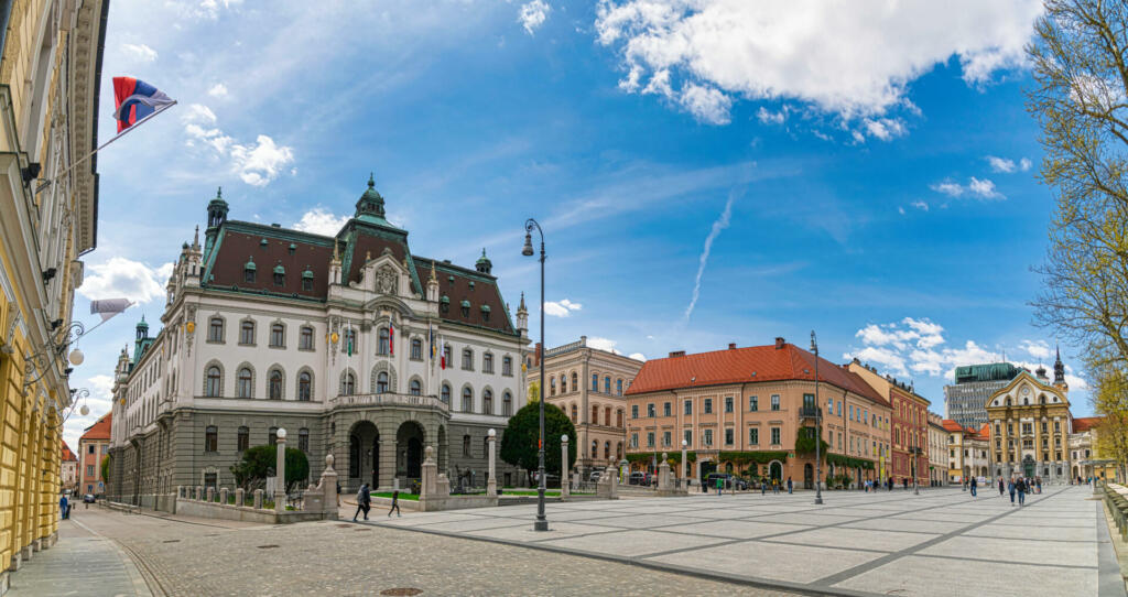 View on main building of the University of Ljubljanica , Ljubljanica,Slovenia. 18.04.2022