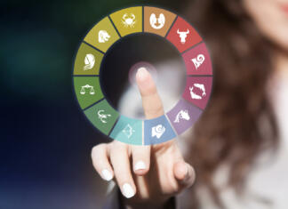 Tedenski horoskop: 3. – 9. november 2025 Zodiac signs on touch screen. Woman choosing horoscope symbols.