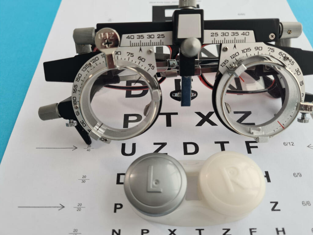 Glasses for checking vision in ophthalmological clinic. Glasses soft contact lenses for myopia control