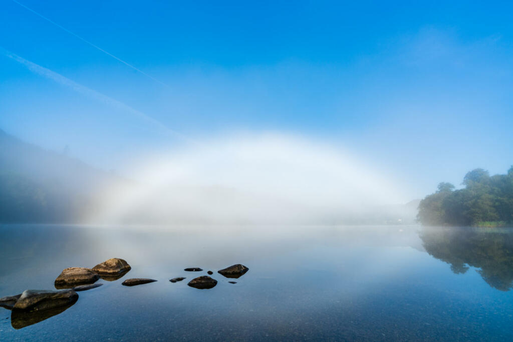 Misty Fogbow, like a rainbow but made of fog and mist in the Lake District early one morning