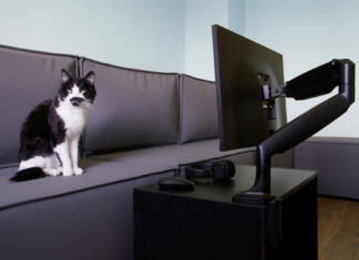 3 prednosti nosilcev za monitorje Modern computer monitor or TV set is mounted on a small table using a gas-lifted metal swivel arm. Next to headphones, computer mouse, large loft sofa and funny cat. Daylight