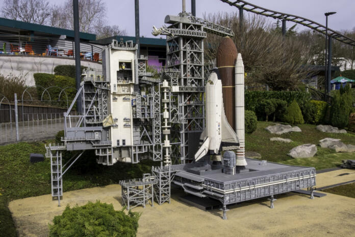 Windsor, United Kingdom – April 06, 2018: A Lego space shuttle on the launch pad at Legoland Windsor.