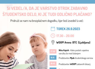 Varstvo otrok je lahko odlično študentsko delo – brezplačen dogodek v WOOP areni Si vedel/a, da je varstvo otrok odlično študentsko delo in kasneje lahko tudi poklic?