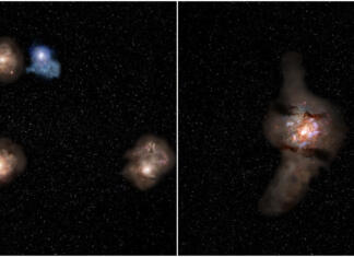 Znanstveniki posneli najbolj oddaljeno jato galaksij doslej Slika levo: Vtis o metropolitanskem območju, ki sta ga razkrila vesoljski teleskop James Webb in ALMA. Slika desno: vtis o tem, kaj bo metropolitansko območje postalo desetine milijonov let po opazovanem času.