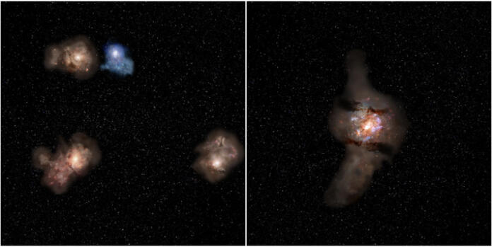 Slika levo: Vtis o metropolitanskem območju, ki sta ga razkrila vesoljski teleskop James Webb in ALMA. Slika desno: vtis o tem, kaj bo metropolitansko območje postalo desetine milijonov let po opazovanem času.