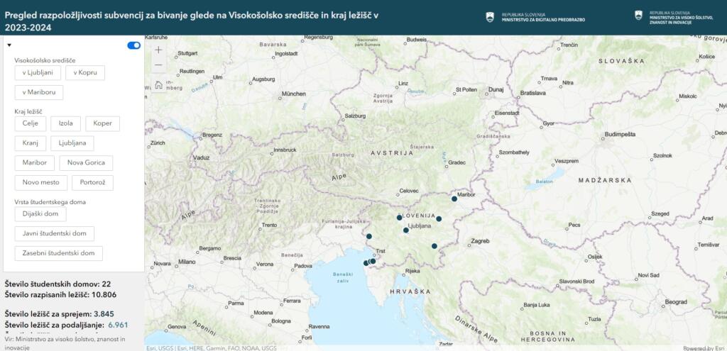 Pregled razpoložljivosti subvencij za bivanje glede na Visokošolske središče in kraj ležišč v 2023-2024