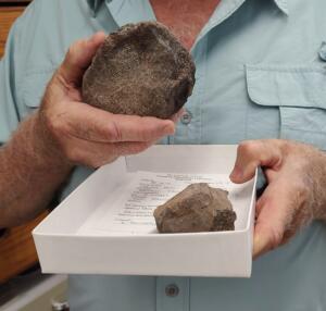 Steve May, raziskovalni sodelavec na Jackson School of Geosciences, drži fosil pleziozavra, izumrlega morskega plazilca.