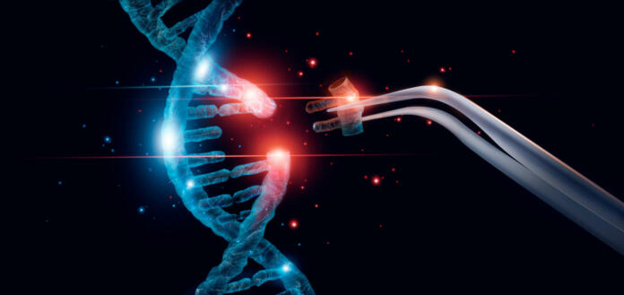 Abstract luminous DNA molecule. Genetic and gene manipulation concept. Cut of replacing part of a DNA molecule. Medicine. Innovative in science. Medical science and biotechnology.