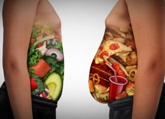 Človeštvu grozi nov sindrom, ki se ga mora bati tudi Slovenija Child nutrition choice eating unhealthy diet or healthy food as a side view of a fat and normal kid with the stomach made from junk food or health ingredients as a youth medical dieting issue with 3D illustration elements.