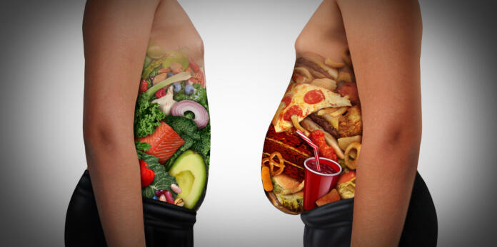 Child nutrition choice eating unhealthy diet or healthy food as a side view of a fat and normal kid with the stomach made from junk food or health ingredients as a youth medical dieting issue with 3D illustration elements.