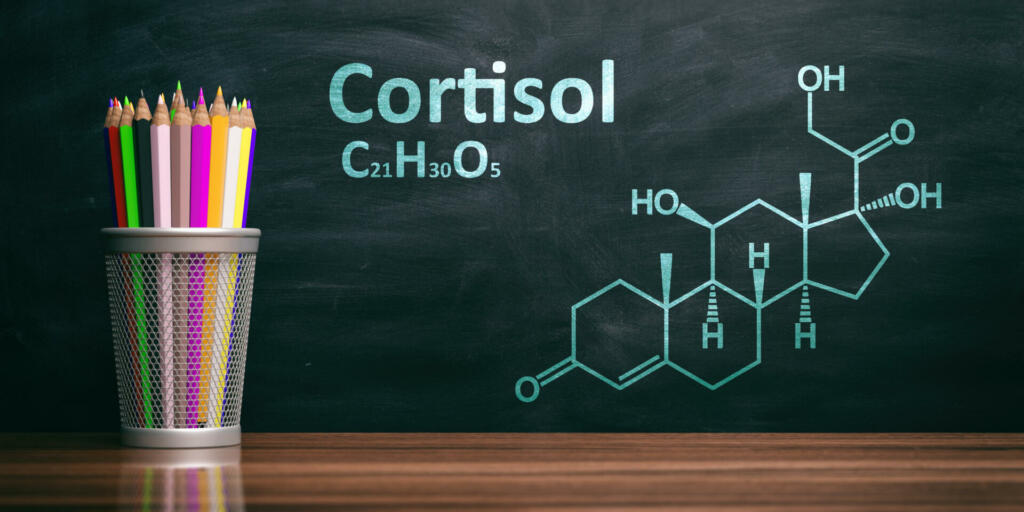 Cortisol structural chemical formula, Chalk drawing on a blackboard. Steroid hormone, stress metabolism. 3d illustration