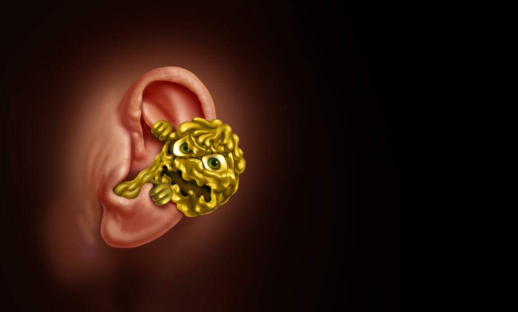 Earwax concept as hearing loss due to ear wax blockage in the inner anatomy as a disgusting monster waxy substance with 3D illustration elements.